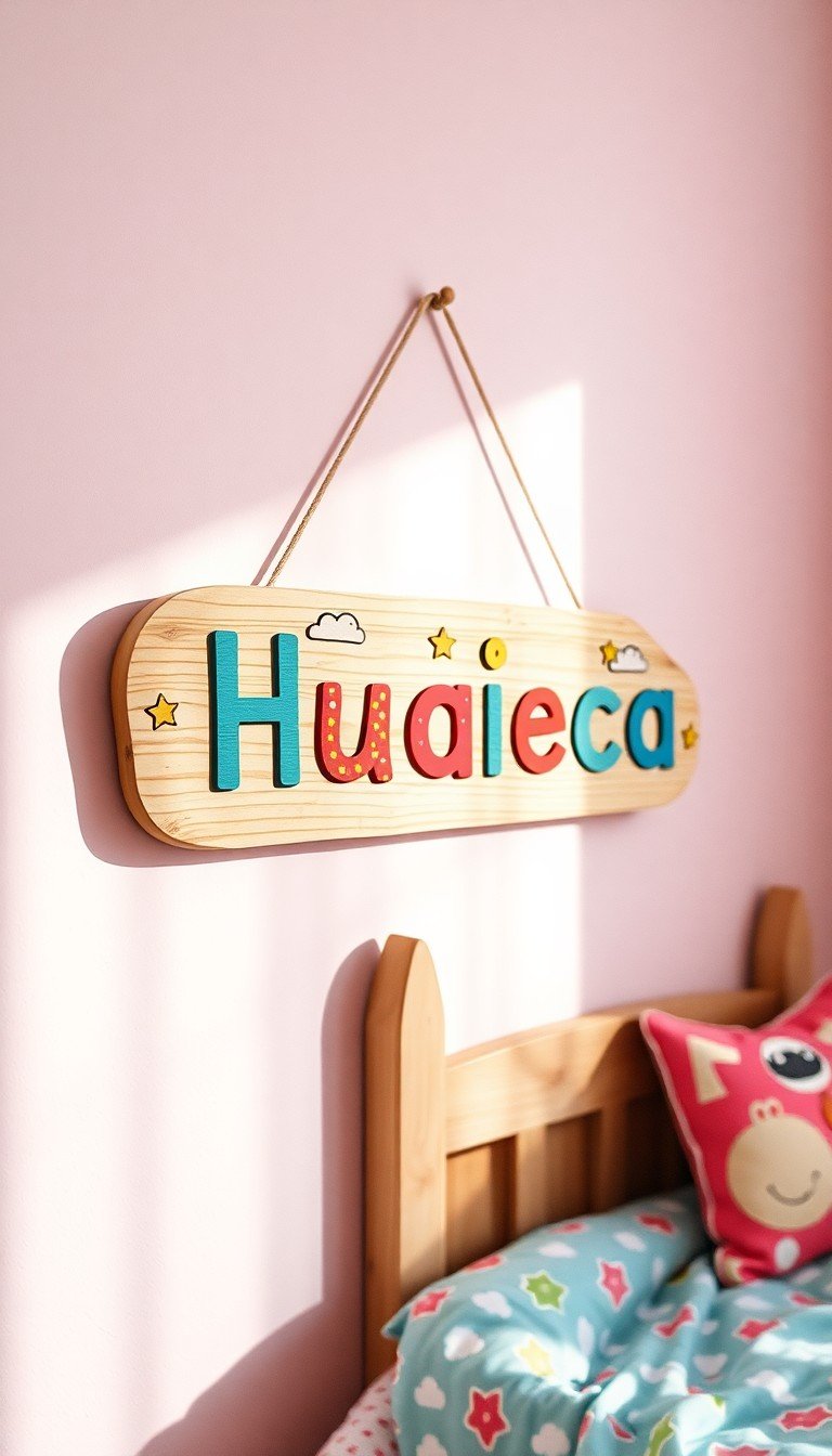 whimsical wooden nameplate designed for a kids' bedroom