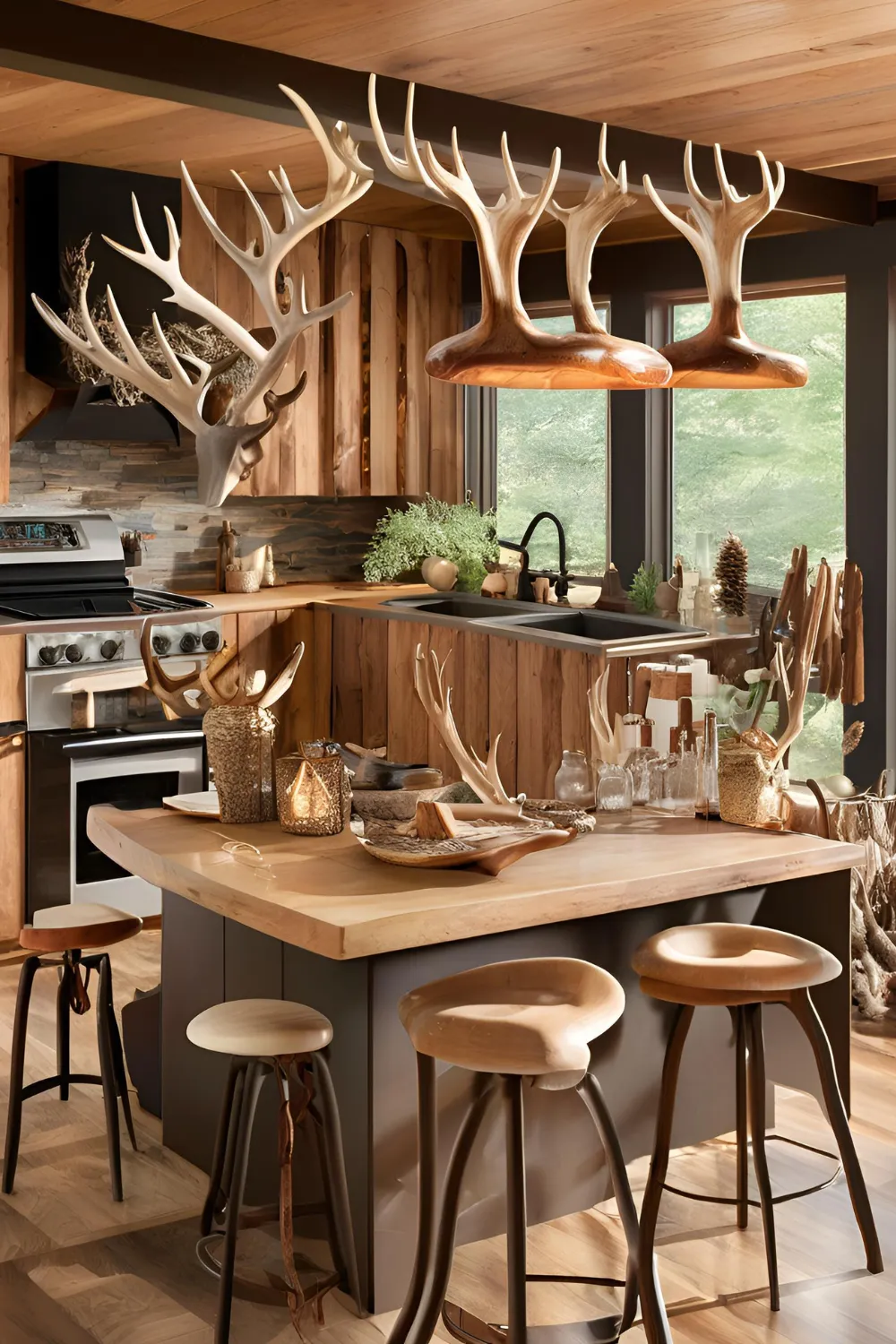 Bar Stools with Antler Backrests