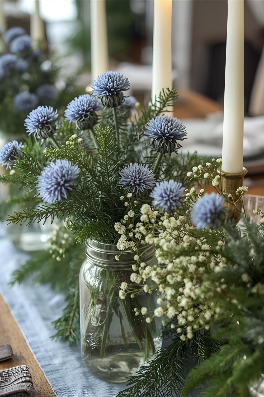 Blue Thistle & Pine Sprigs with Winter Floral Arrangements