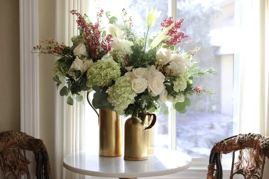 Evergreen & White Roses with Winter Floral Arrangements
