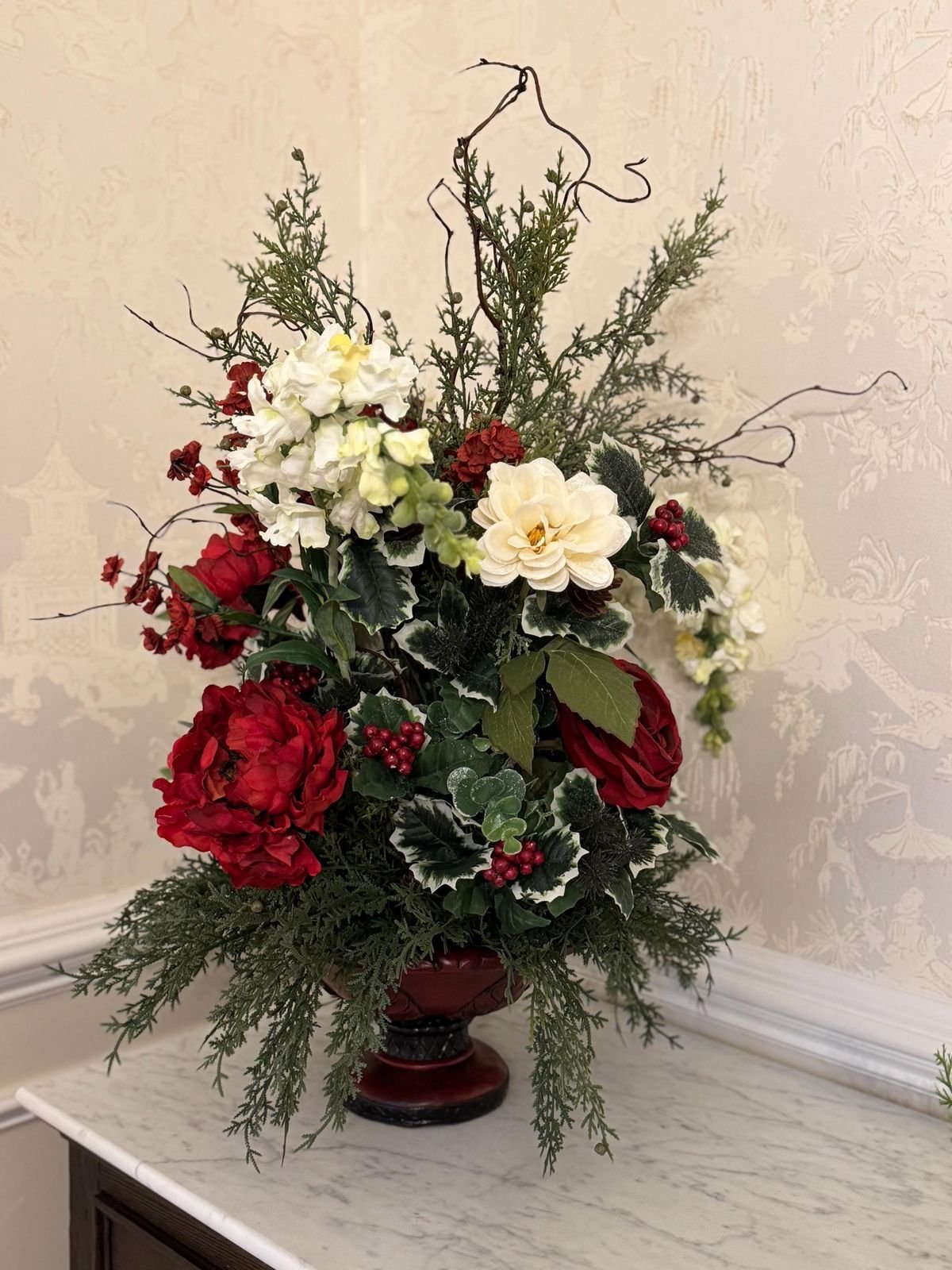 Ivy & Red Roses with Winter Floral Arrangements