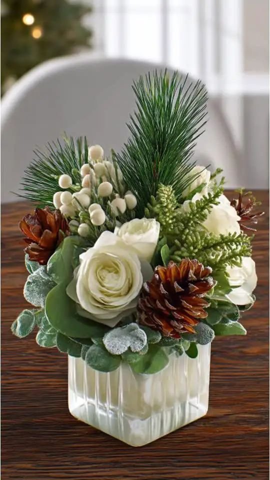 Lilies with Glittered Pinecones with Winter Floral Arrangements