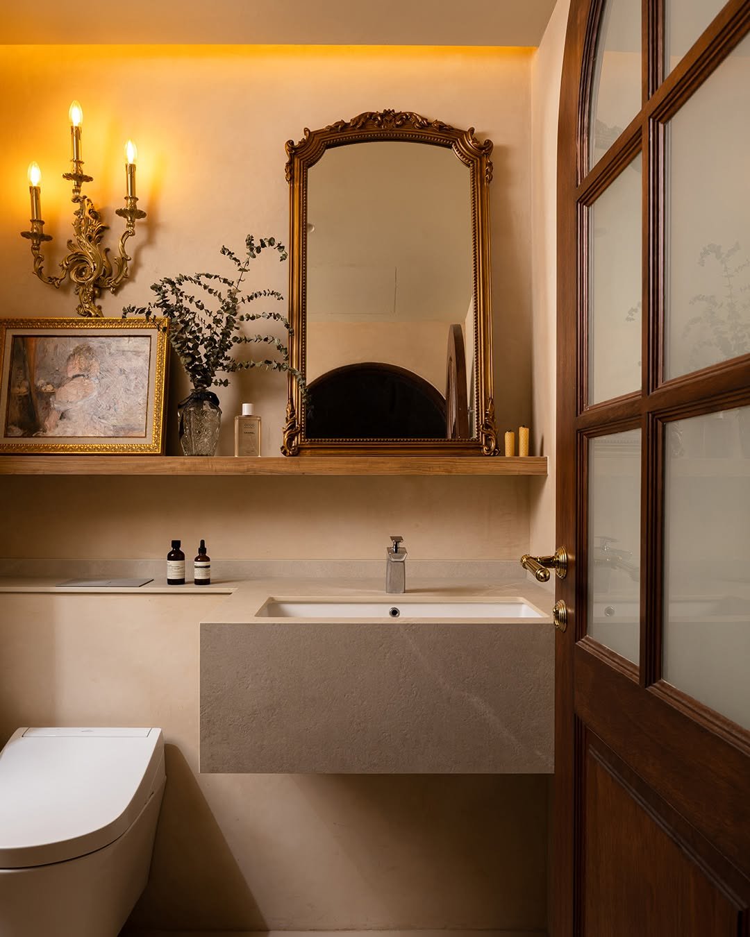 Natural Wood Finish with French Farmhouse Bathroom