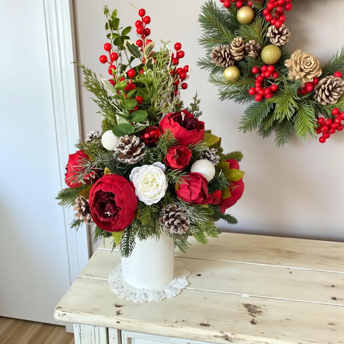Poinsettias with Holly Sprigs with Winter Floral Arrangements