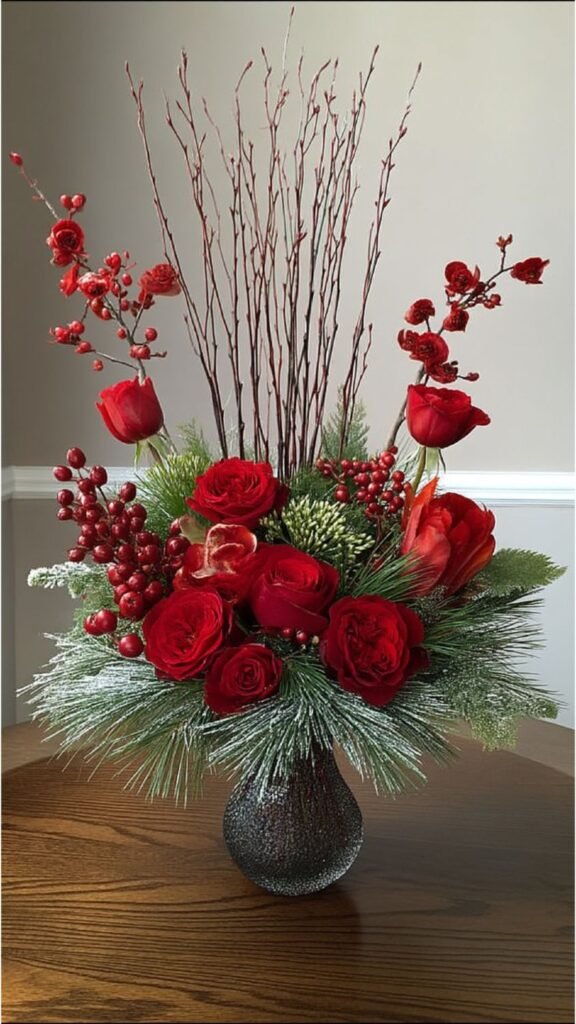Red Amaryllis and Pinecones with Winter Floral Arrangements