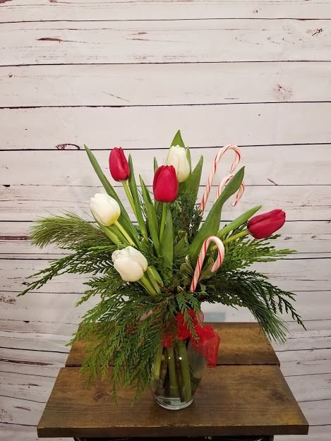 Red Tulips with Fir and Holly with Winter Floral Arrangements