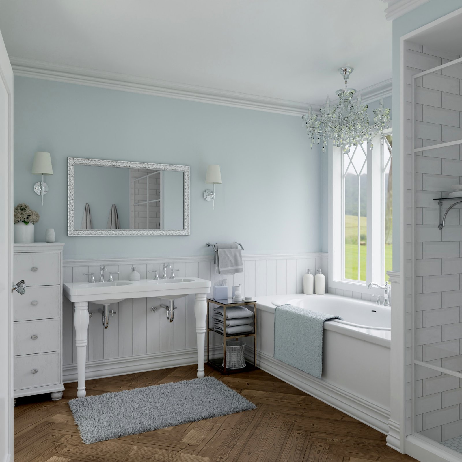Soft White Walls for French Farmhouse Bathroom
