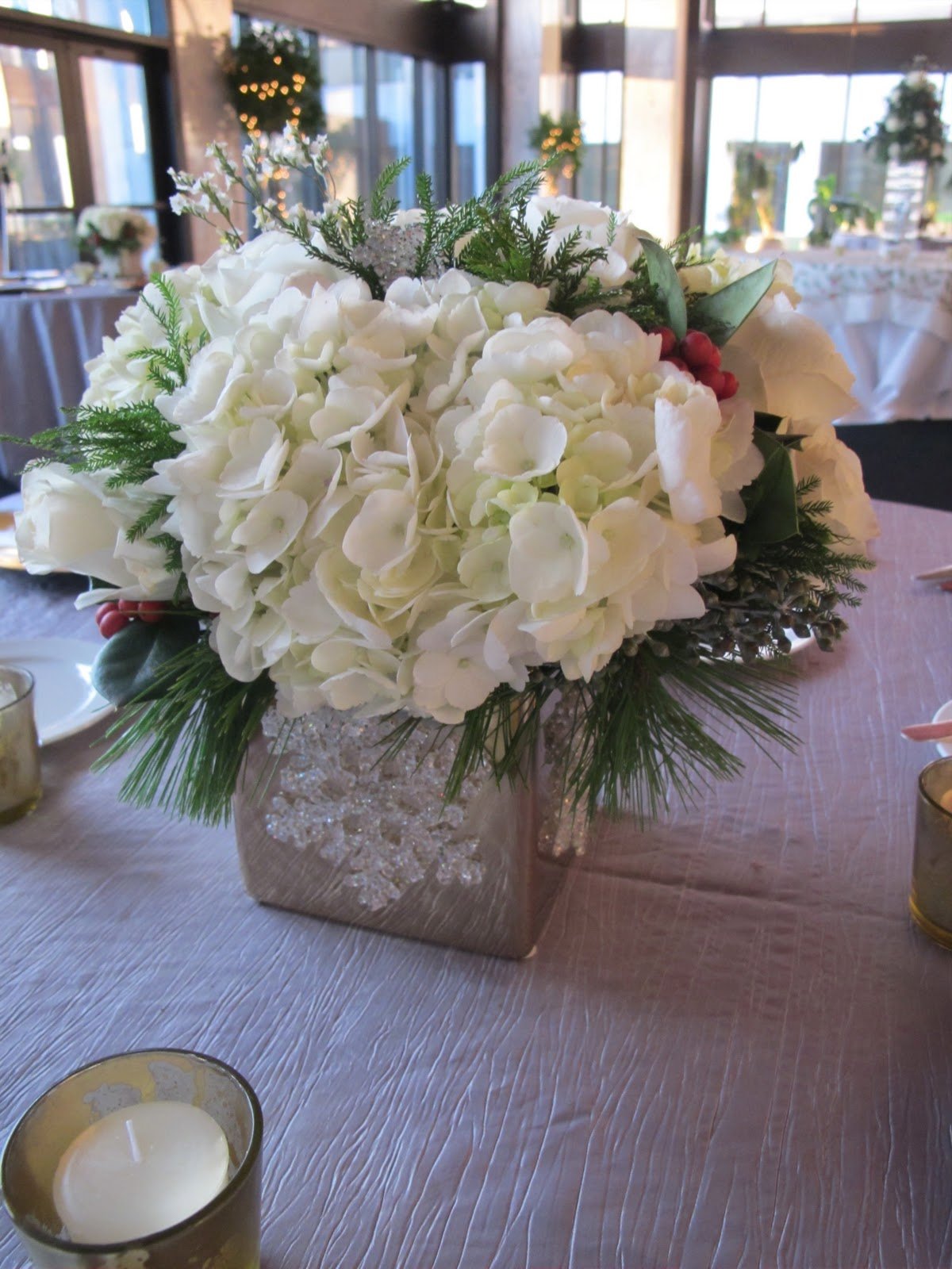 White Hydrangeas & Silver Accents with Winter Floral Arrangements