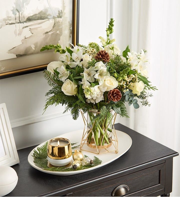 White Lilies & Pine Boughs with Winter Floral Arrangements