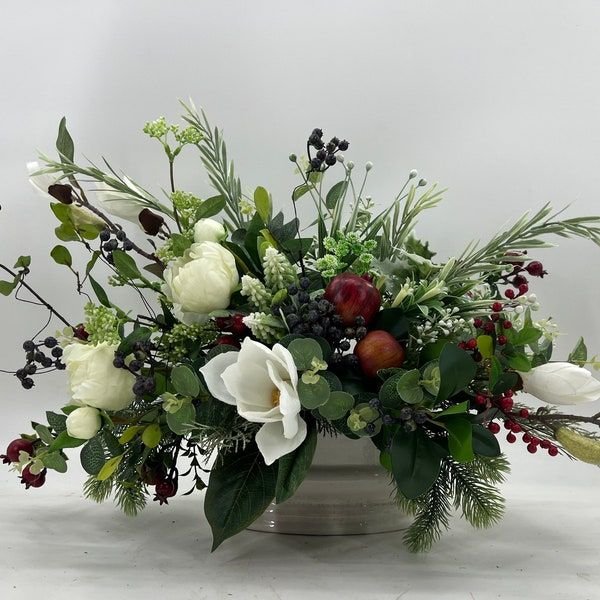 White Tulips with Juniper Berries with Winter Floral Arrangements
