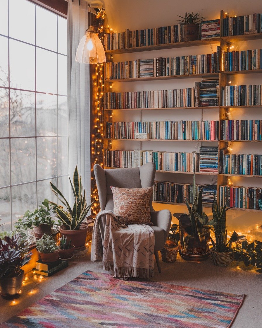 Bohemian Lounge Sanctuary for Cozy Library Conversation Nook