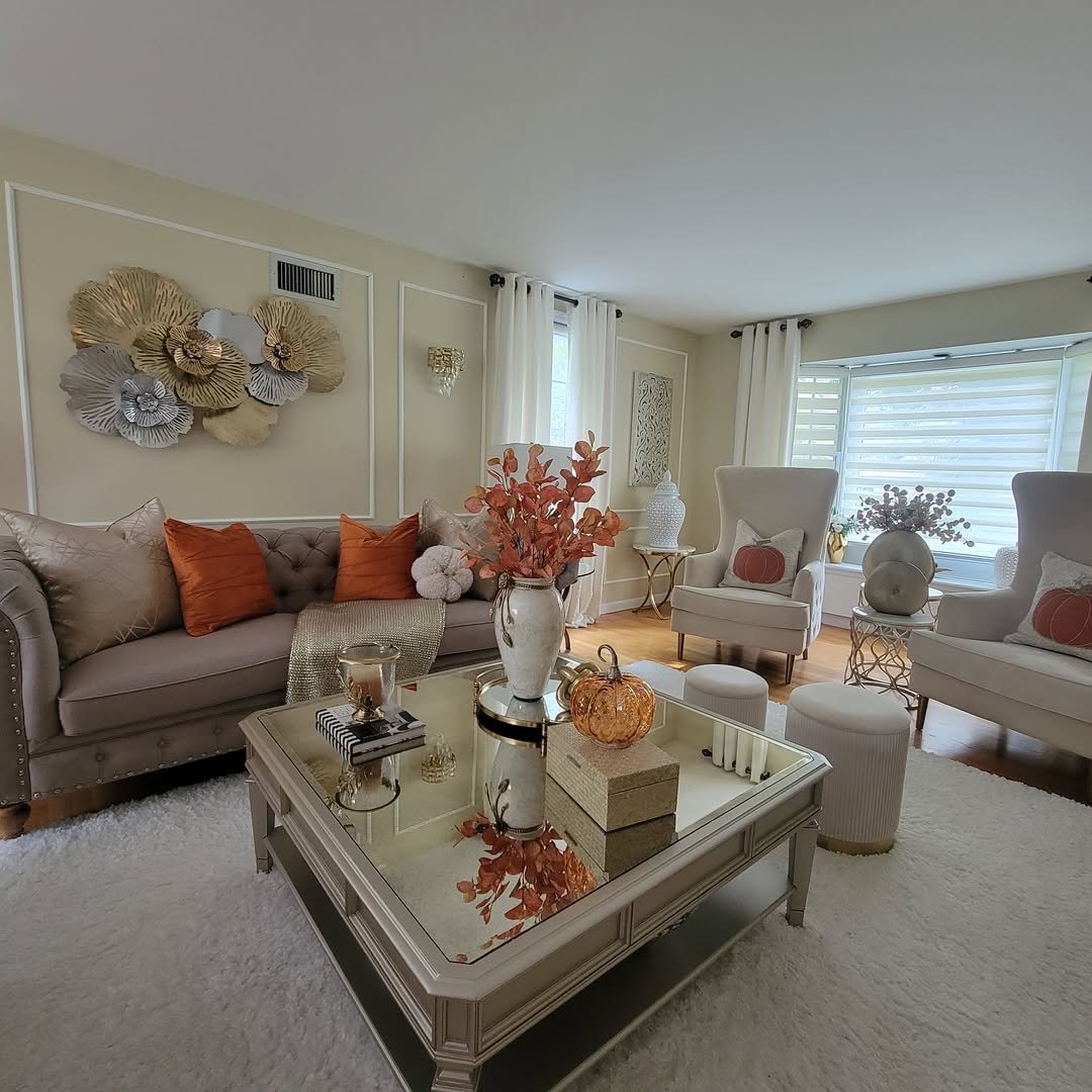 Warm Metallic Accents Fall Living Room