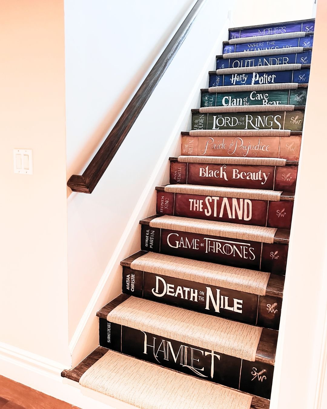 Book Title Decals on the stair risers