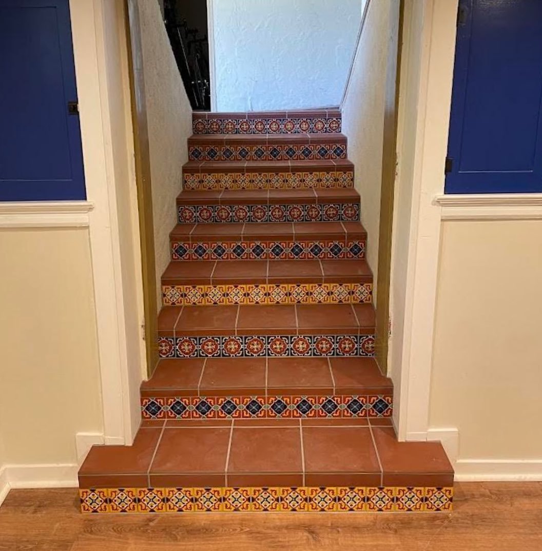 Patterned Terracotta Tiles on stair risers