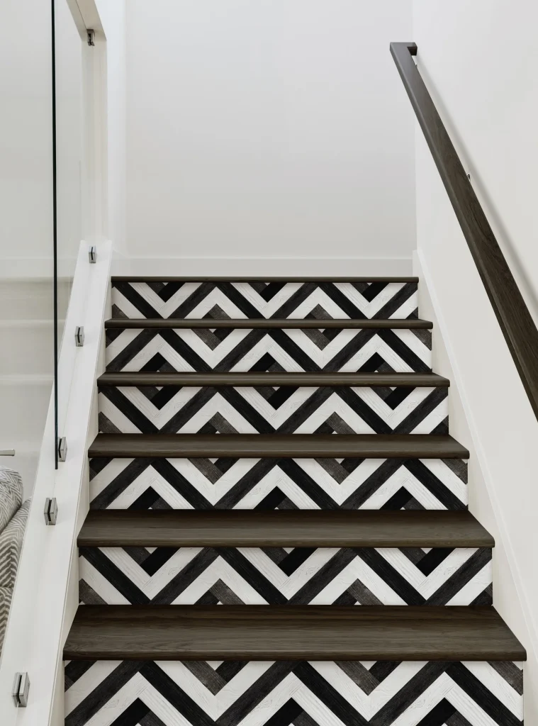 geometric patterns with strong linear elements on your stair risers