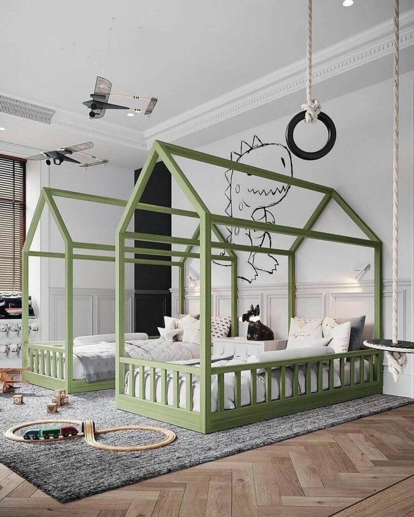 Twin House Beds in Sage Green Kids’ Bedroom Ideas