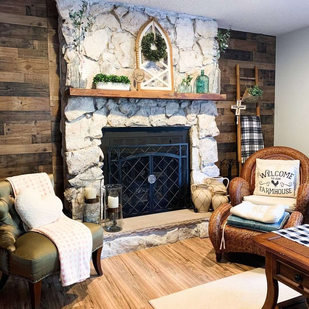 Stone and Wood Modern Farmhouse Fireplace Ideas