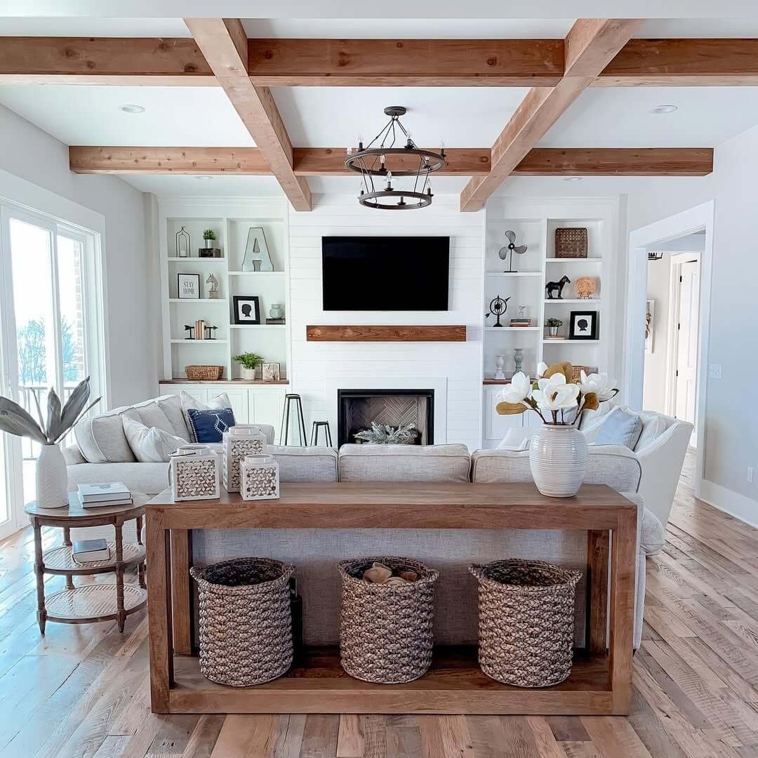 Exposed Wooden Beams Modern Farmhouse Fireplace Ideas