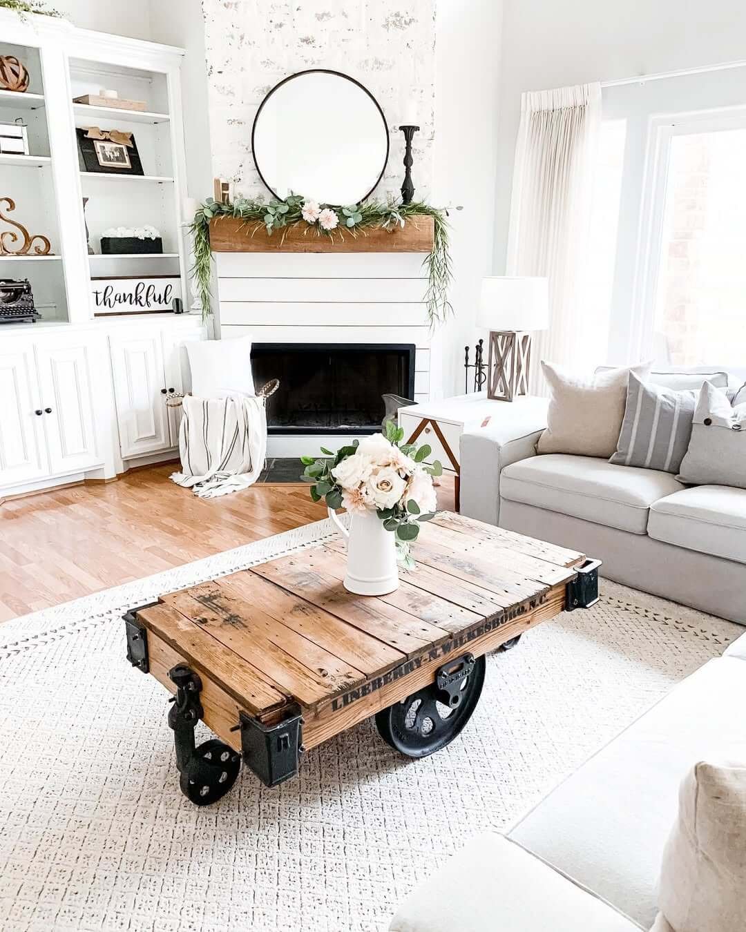 Wooden Cart Table Modern Farmhouse Fireplace Ideas