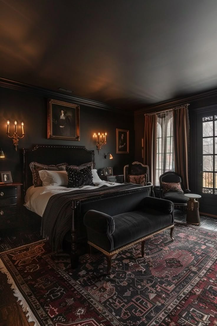 Moody Bedroom Embracing White Walls with Playful Patterns