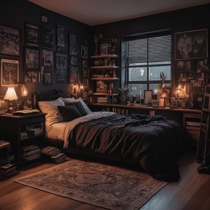 Bookshelves as Focal Points for Dark Academia Aesthetic Bedroom