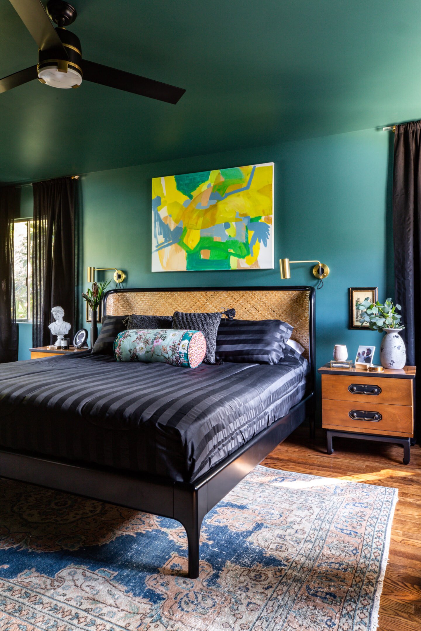 Moody Bedroom Embracing White Walls with Final Touches
