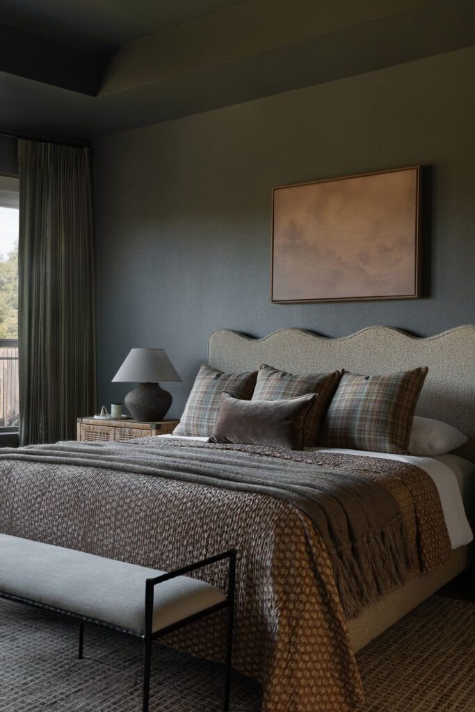 Moody Bedroom Embracing White Walls with Artistic Flair