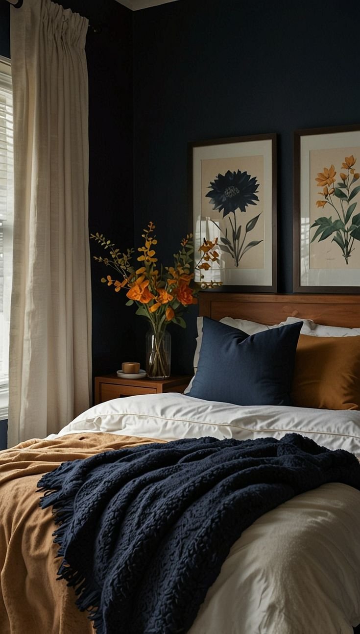 Moody Bedroom Embracing White Walls with Bold Patterns