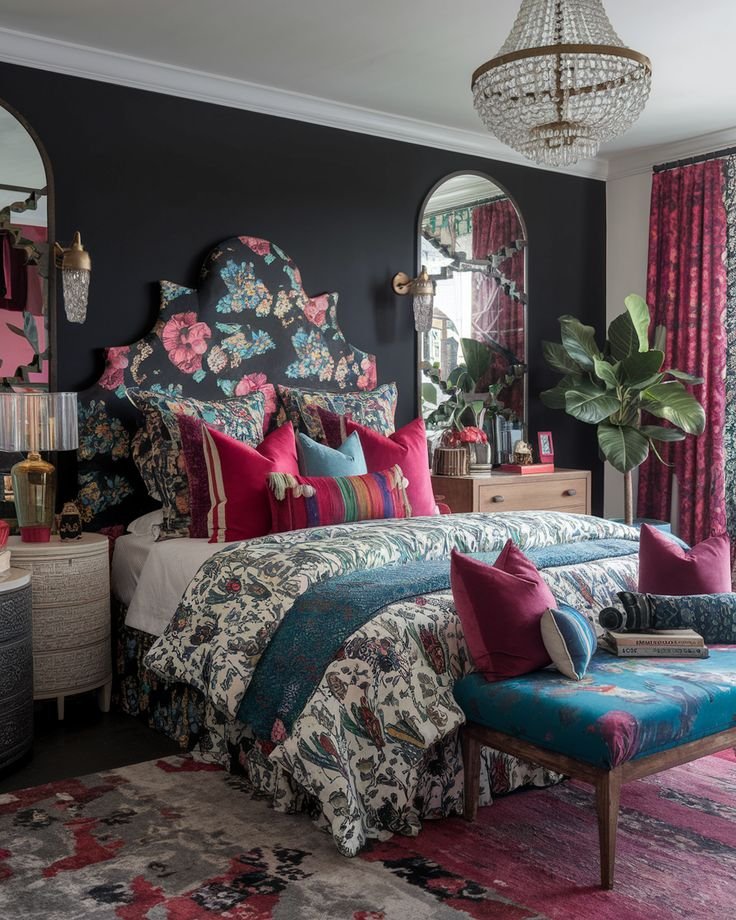 Accent Wall in a Bold Color With Dark Boho Bedroom