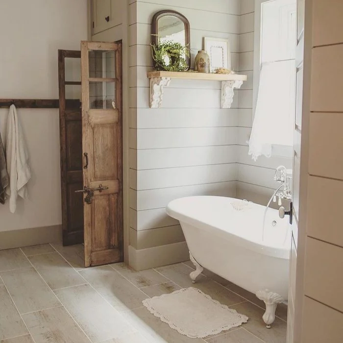 Distressed Wood Accents for French Farmhouse Bathroom