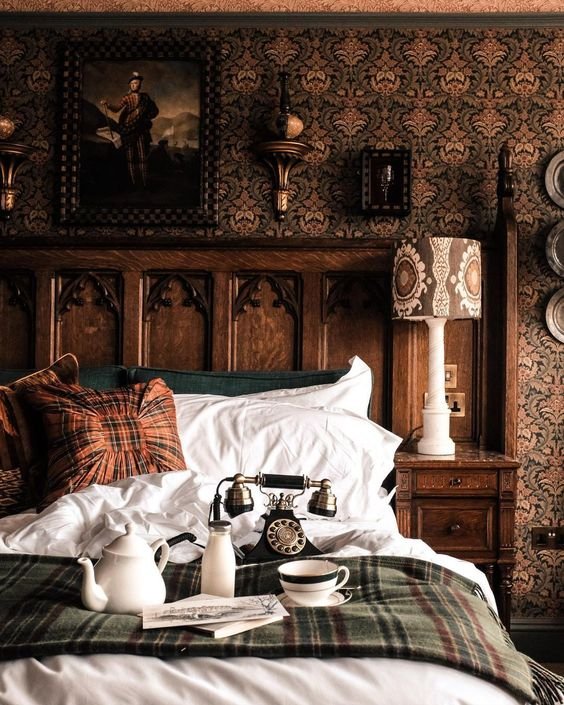 Cozy Bedding Layers in Dark Academia Aesthetic Bedroom