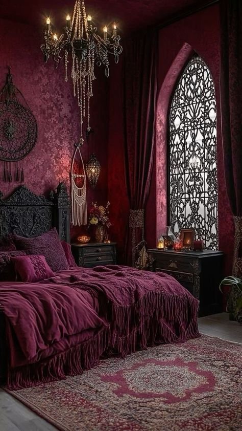 Moody Red Bedroom Textured Rugs