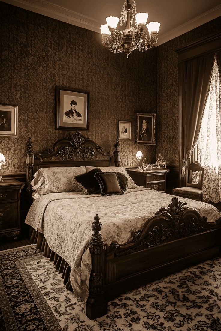 Dark Moody Victorian Bedroom Floral Patterns in Dark Tones