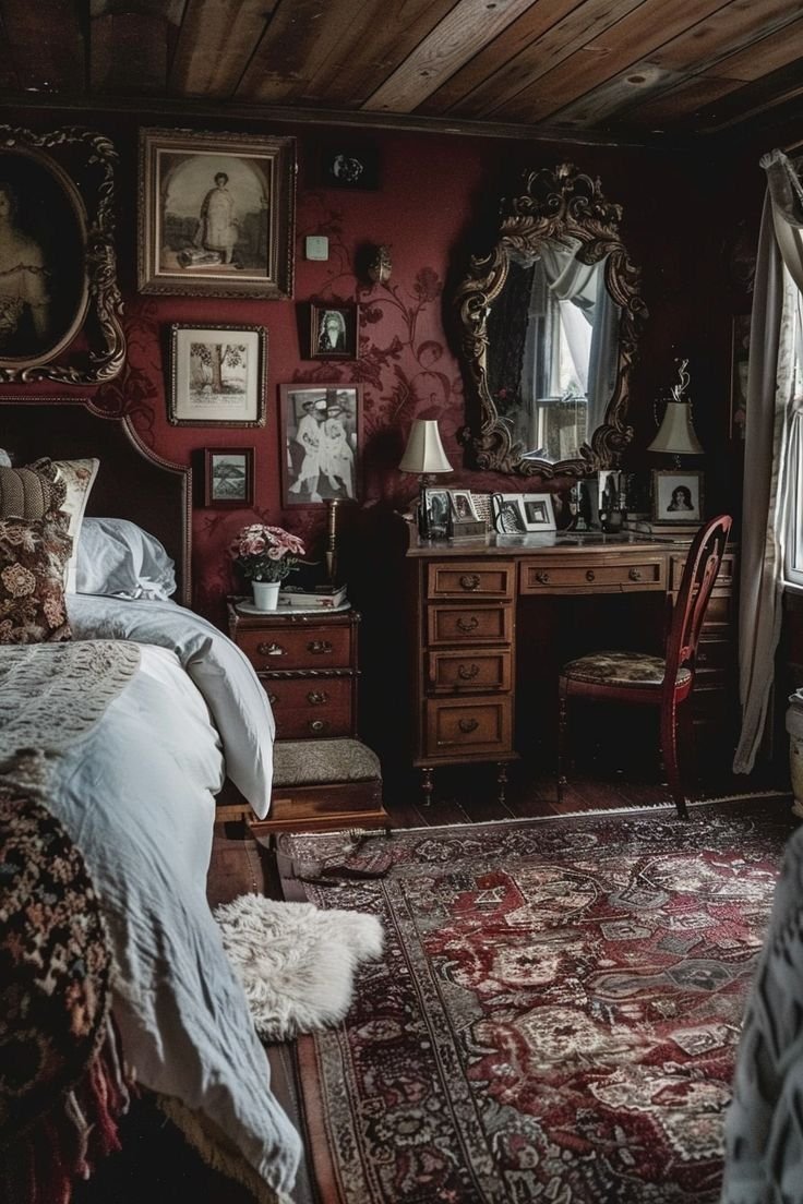 Moody Red Bedroom Cozy Cottage Retreat