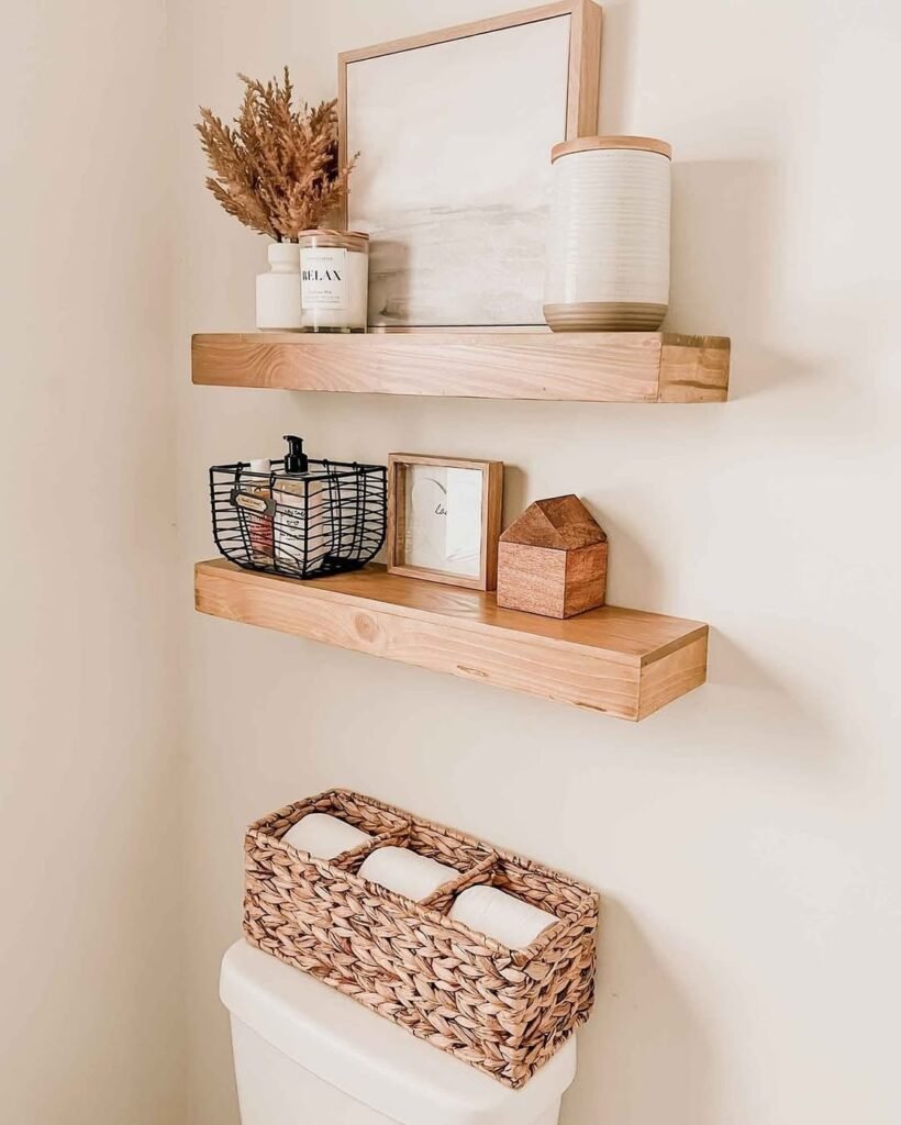 floating shelves Moody Coastal Bedroom Trend
