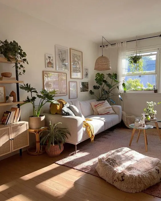 Boho Living Room Wall natural wood shelves