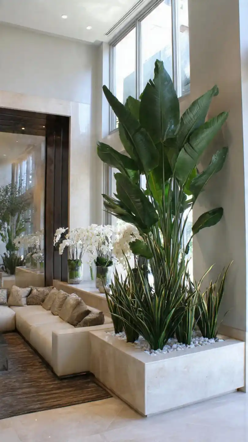 Living Room Partition with Large Plant Arrangements