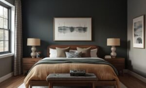 moody mid century modern bedroom