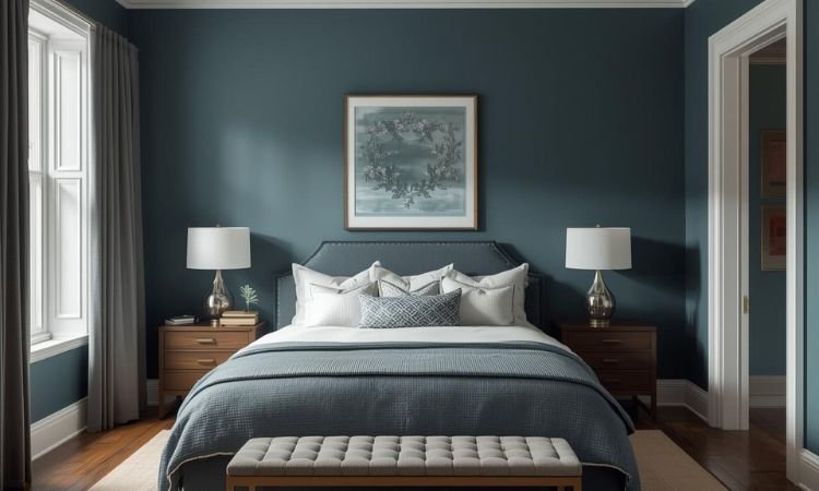 moody teal bedroom