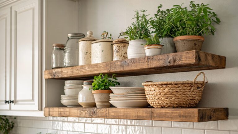 Charming Farmhouse Kitchen Under-Cabinet Shelf Ideas for a Functional Space